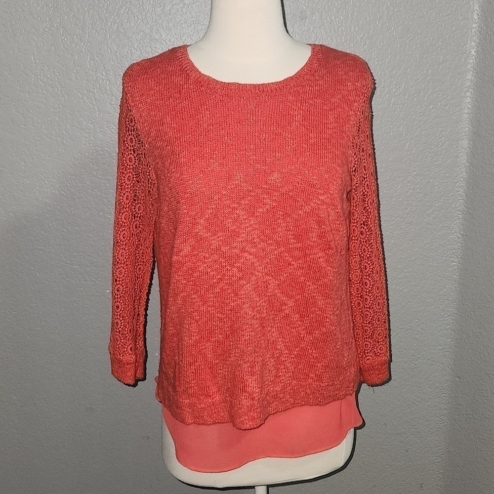 LUCKY Brand Coral Crochet Sweater with sheer tank size Small